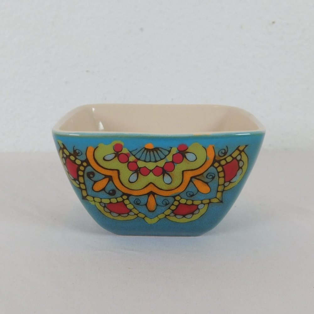 Pottery Bowl Multicolor Hand Painted Art Deco Square Geometric Small 2.25 High